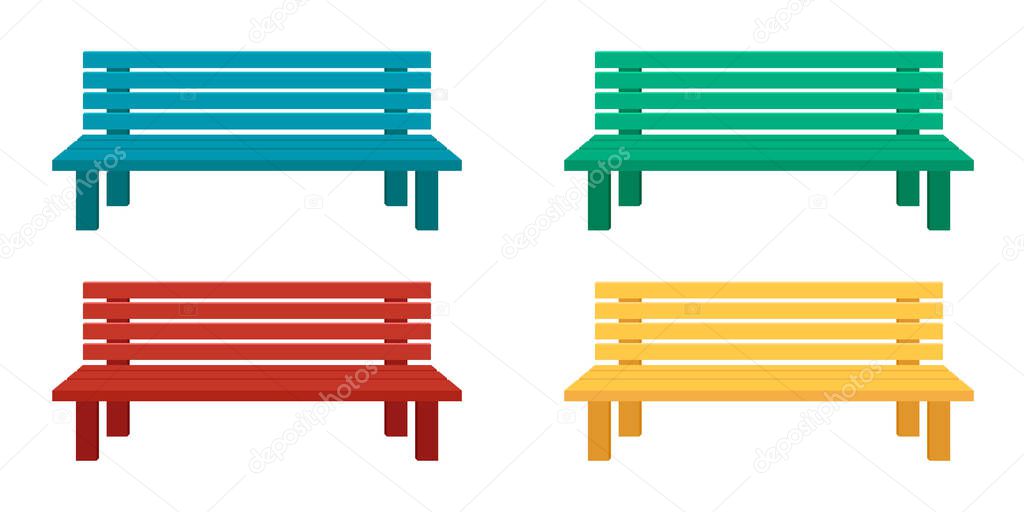 Benches for home and garden. Vector flat illustration. Set, collection. Wooden seats of different colors.