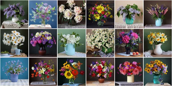 Collage Mit Blumensträußen Stillleben Mit Einem Strauß Einer Vase Sie — Stockfoto