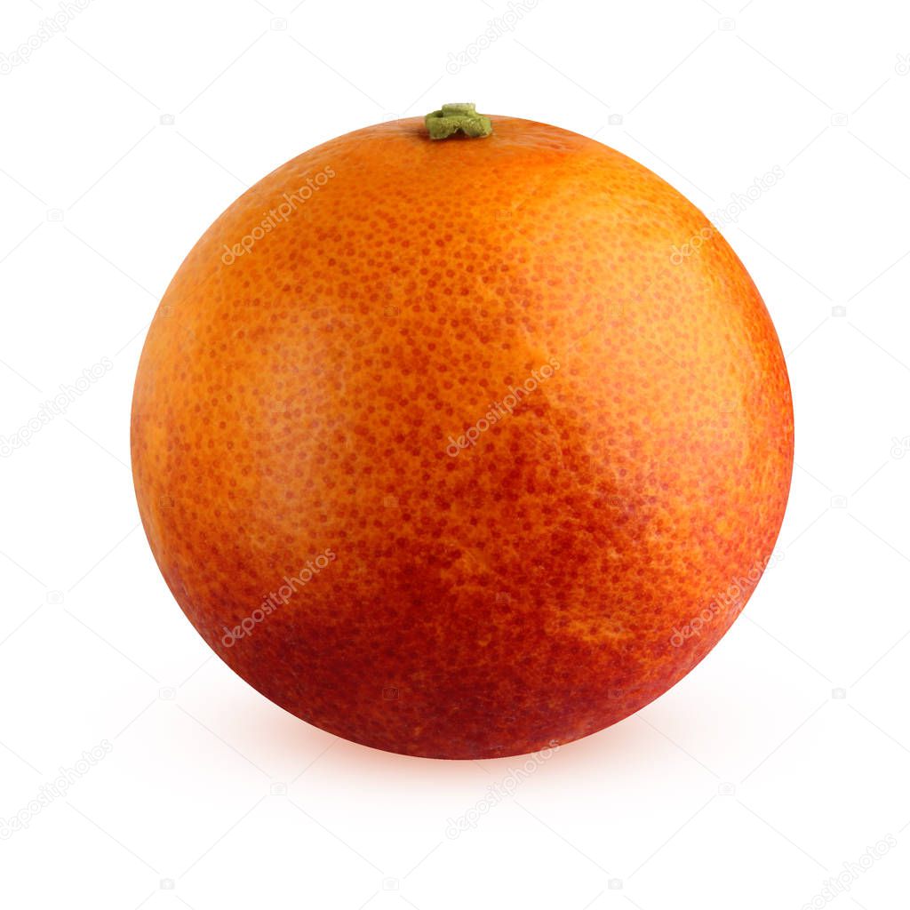One bloody red orange isolated on white background. whole fruit  with shadow.