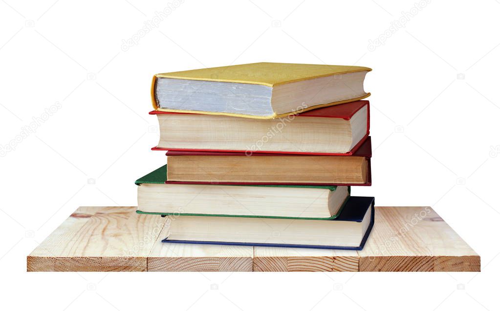 Shelf with books isolated on white background. Textbooks in color covers. Library, education, study.