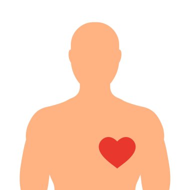 Beyaz zemin üzerine kırmızı bir kalp ile bir adam silüeti. İnsanın kalbinde. Vektör çizim.