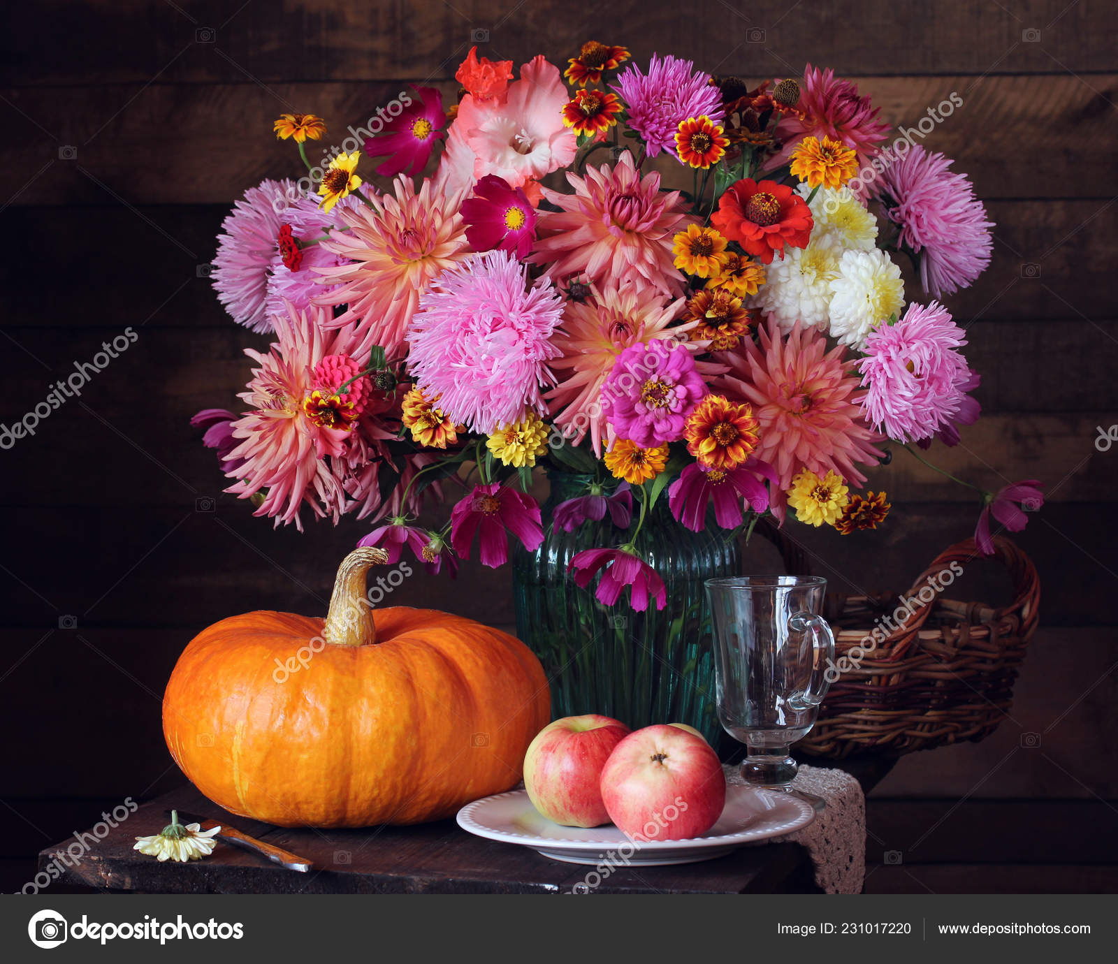 Automne Bouquet Fleurs Fruits Légumes Nature Morte Avec