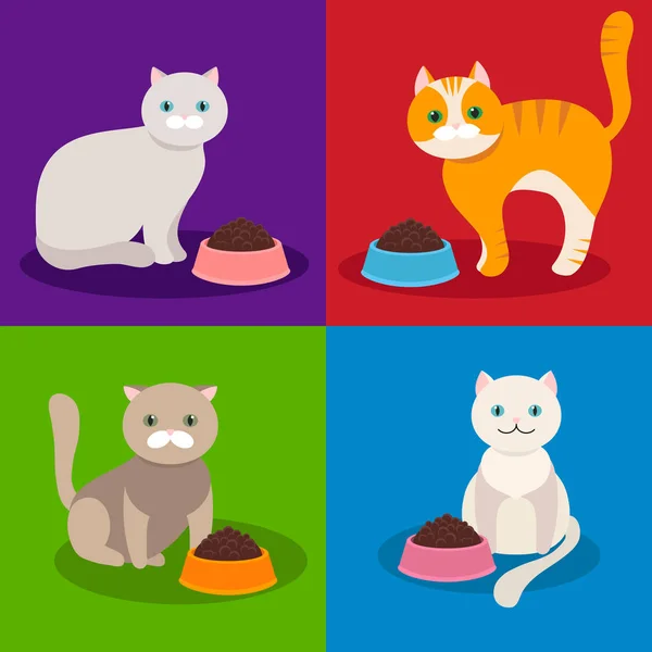 Gato Comiendo Comida Tazón Ilustración Vectorial Mascotas Personaje Dibujos Animados — Vector de stock