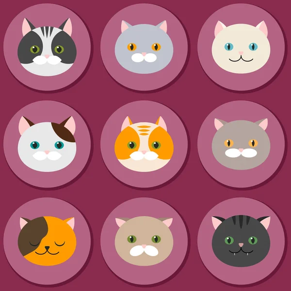 Cat Conjunto Iconos Cabeza Felina Plana Ilustración Vectorial Kitty Mascotas — Vector de stock