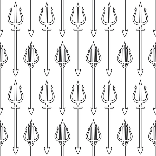Трезубец Черная Линия Значок Белом Фоне Бесшовный Шаблон Векторная Иллюстрация — стоковый вектор