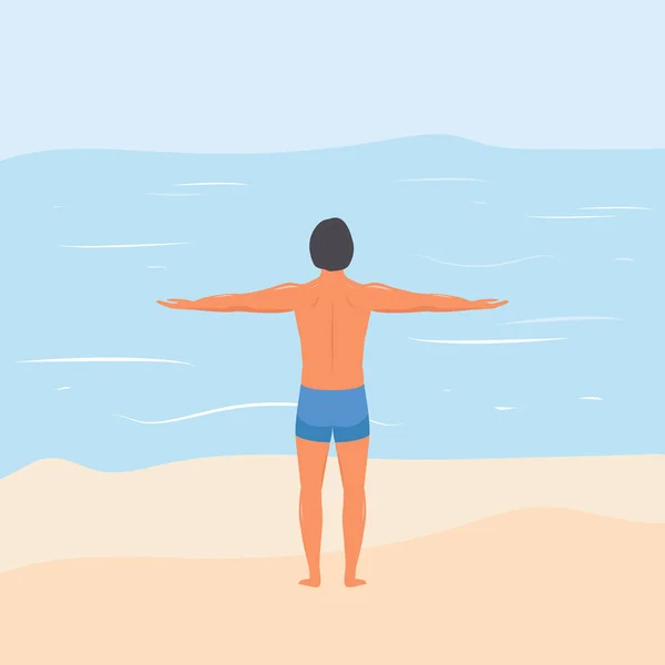 Muž Sportovní Postavou Plavkách Pláži Moře Nebo Oceánu Vektorové Ilustrace — Stockový vektor