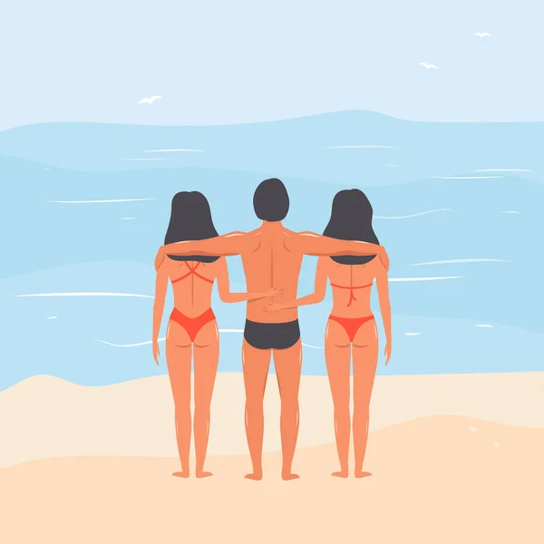 Menschen Auf See Mann Umarmt Zwei Mädchen Strand Handgezeichnete Vektorillustration — Stockvektor