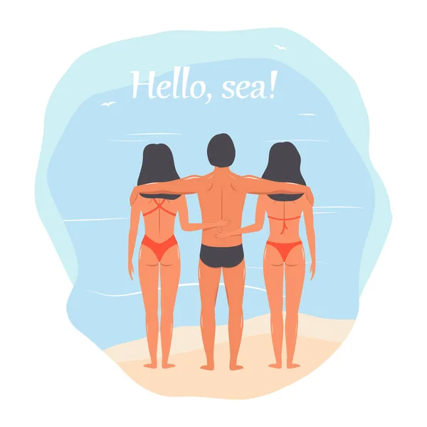 Dobrý Den Moře Lidé Moři Muž Drží Dvě Dívky Pláži — Stockový vektor