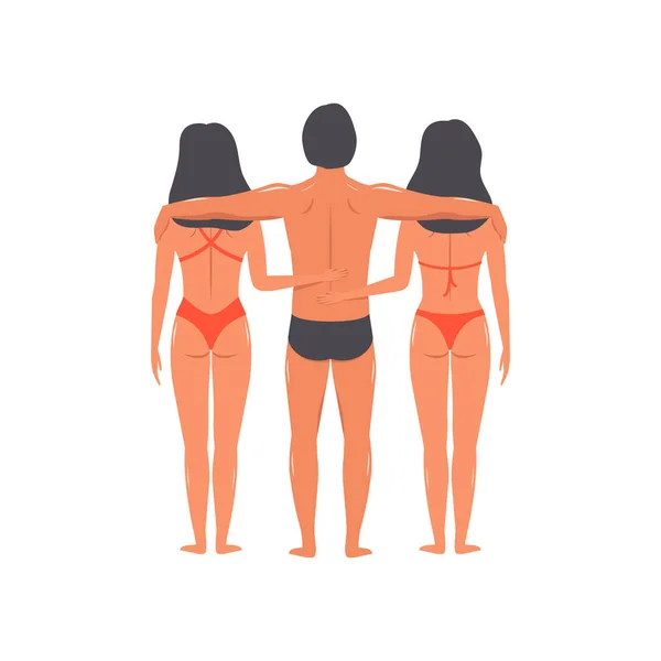 Lidí Pláži Muž Drží Dvě Dívky Ramena Ručně Kreslené Vektorové — Stockový vektor