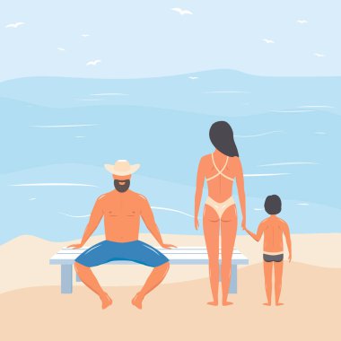 Aile sahilde. Okyanusu üzerinde çocuk ile eşler. Çizilmiş vektör çizim. Koca, karısı ve oğlu.