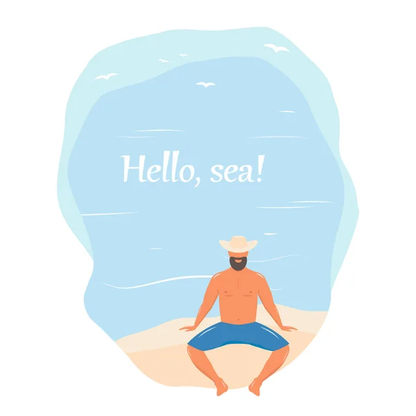 Dobrý Den Moře Muž Plážovém Oblečení Mužský Charakter Sedící Břehu — Stockový vektor