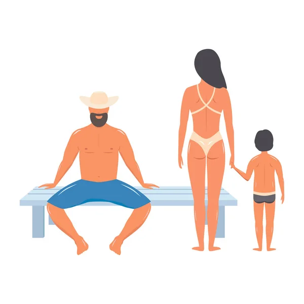 Lidé Plážovém Oblečení Rodina Dovolené Otec Matka Syn Pár Dítětem — Stockový vektor