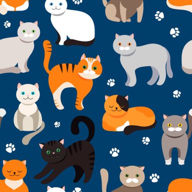 Kedi arka plan, seamless modeli. Vektör düz çizim. Kitty, Evcil hayvan. Egzotik ve sıradan cats. Çizgi film.