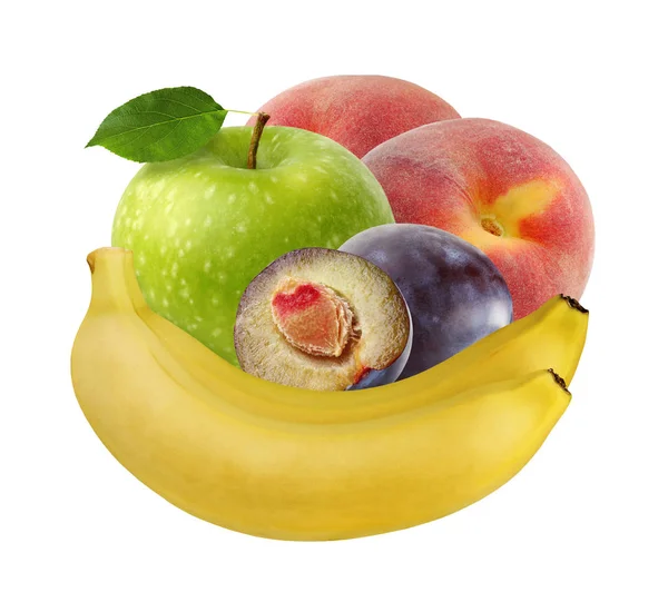 Bunch Fruit Banana Green Apple Purple Plum Peach Whole Fruit — Stock Photo, Image