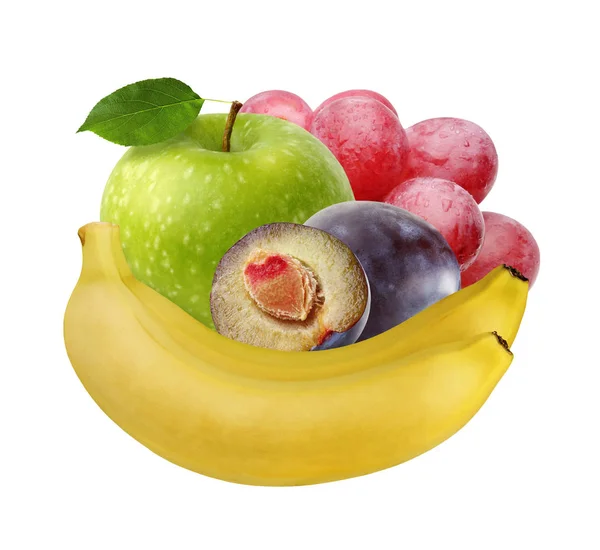 Bunch Fruit Banana Green Apple Purple Plum Red Grapes Whole — Stock Photo, Image