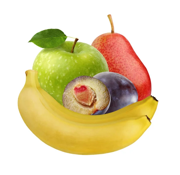 Bunch Fruit Banana Green Apple Purple Plum Pear Whole Fruit — Stock Photo, Image