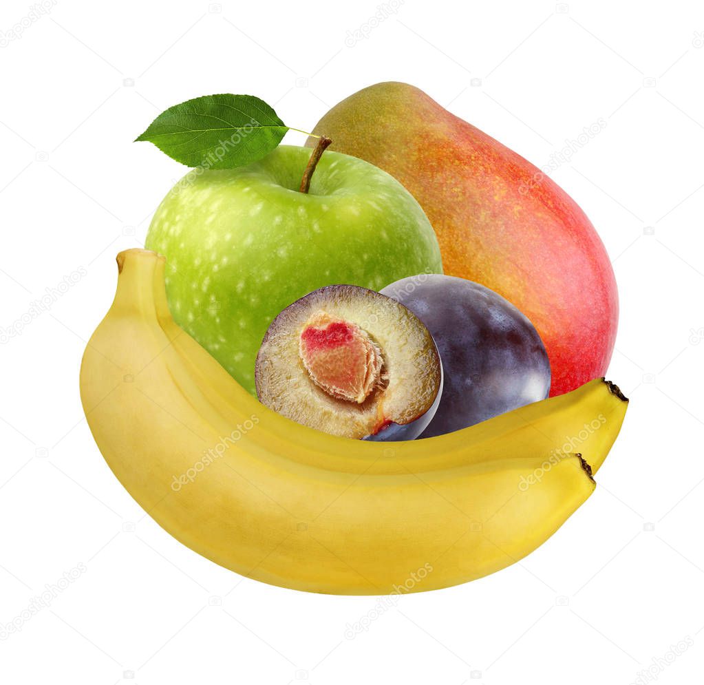 bunch of isolated fruits: banana, green Apple, purple plum, mango. whole fruit on a white background.