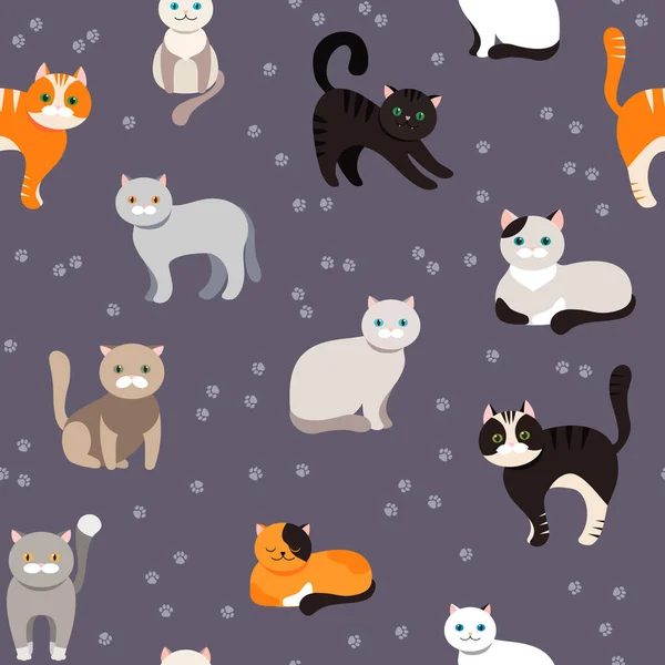 Fondo Gato Patrón Sin Costuras Ilustración Plana Vectorial Kitty Mascotas — Vector de stock