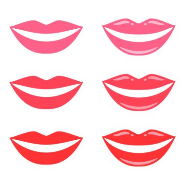 gülümseme, pembe dudaklar, ağız. vektör renk illüstrasyon, simgeler beyaz arka plan üzerinde ayarla.