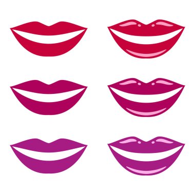 gülümseme, mor ve bordo dudak, ağız. vampir kadın. Glamour, parlak, parlak. vektör renk illüstrasyon, simgeler beyaz arka plan üzerinde ayarla.