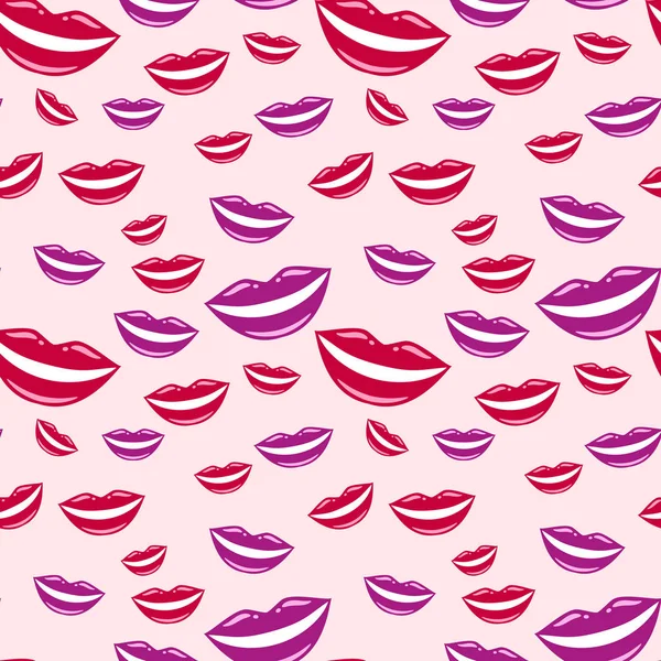 Purple Crimson Lips Seamless Pattern Smiles Vector Illustration Makeup Girls — Stock Vector