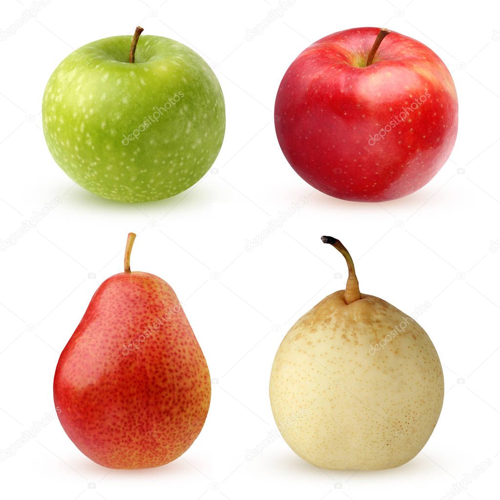 apples and pears isolated on white background.  collection of single whole fruits.