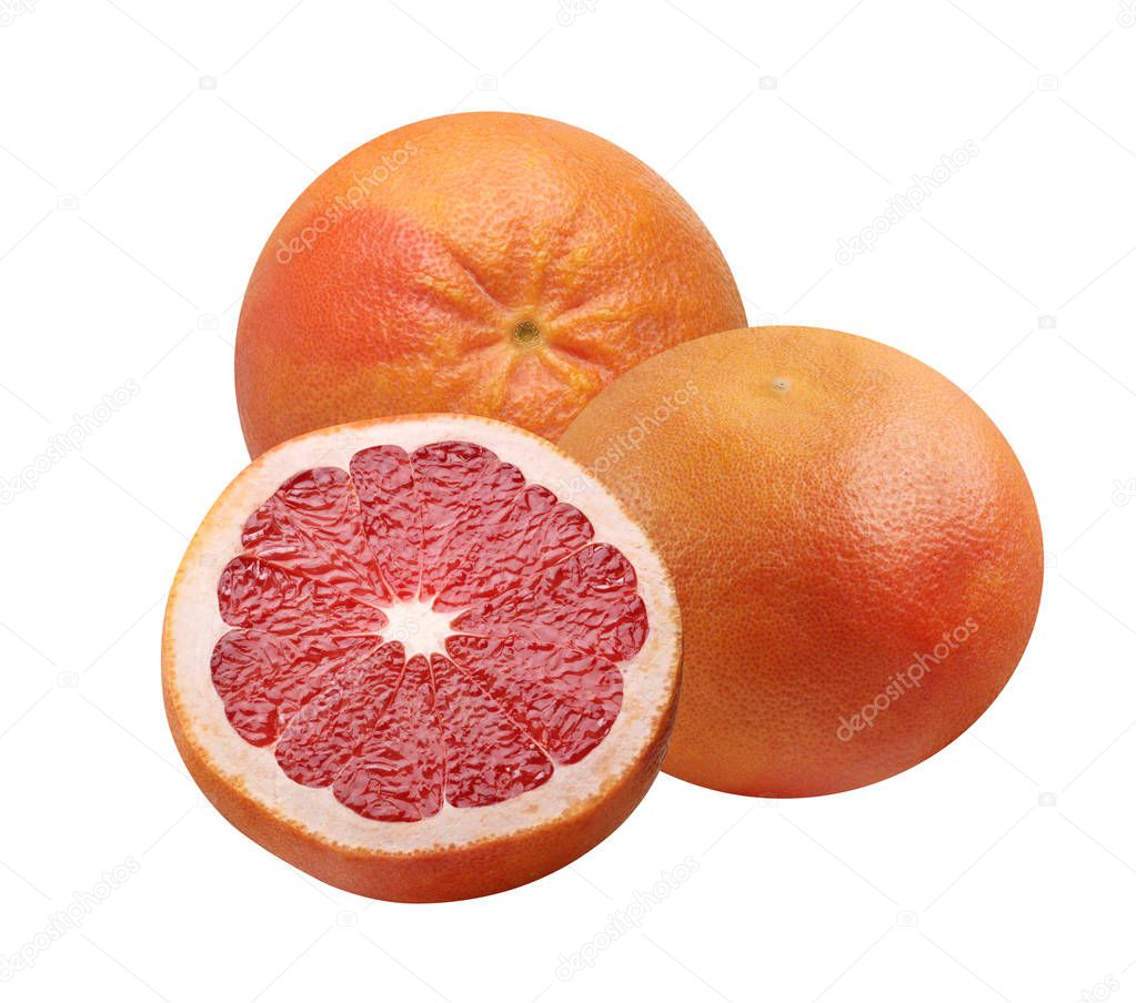 pink grapefruit isolated on white background.  whole citrus fruit and half.