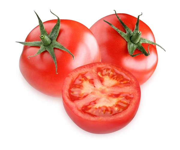Tomates Rojos Aislados Sobre Fondo Blanco Verduras Enteras Mitad —  Fotos de Stock