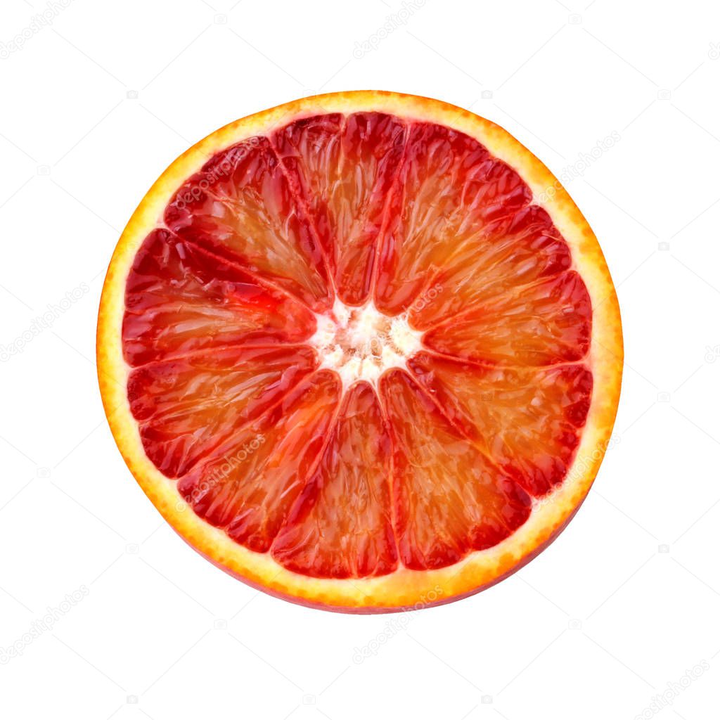 red blood orange isolated on white background. sliced citrus fruit.