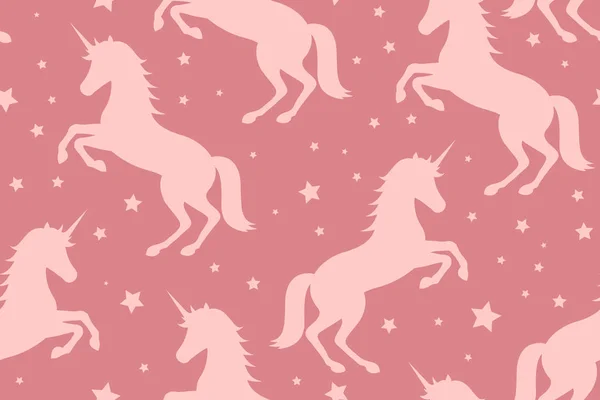 Unicorn Dan Bintang Bintang Dengan Latar Belakang Merah Muda Ilustrasi - Stok Vektor