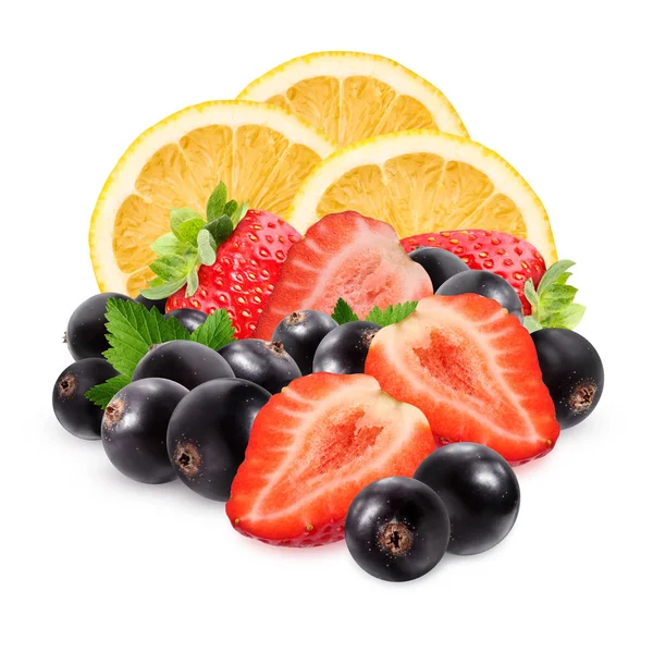 Lemons, Black currant and strawberries isolated on white backgro — Stock Photo, Image