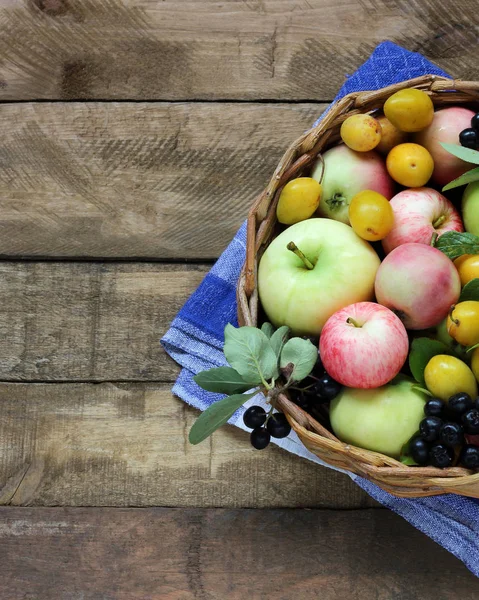 Rustikale Gartenäpfel, Pflaumen, schwarze Apfelbeeren auf grobem Brett — Stockfoto