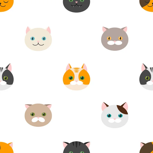 ¡Cat! iconos de cabeza de felino plana. patrón sin costura, vector de fondo — Vector de stock