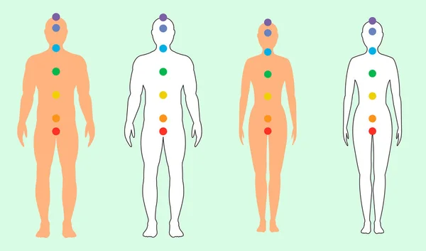 Силуэты мужчин и женщин с семью цветными священными точками. V — стоковый вектор