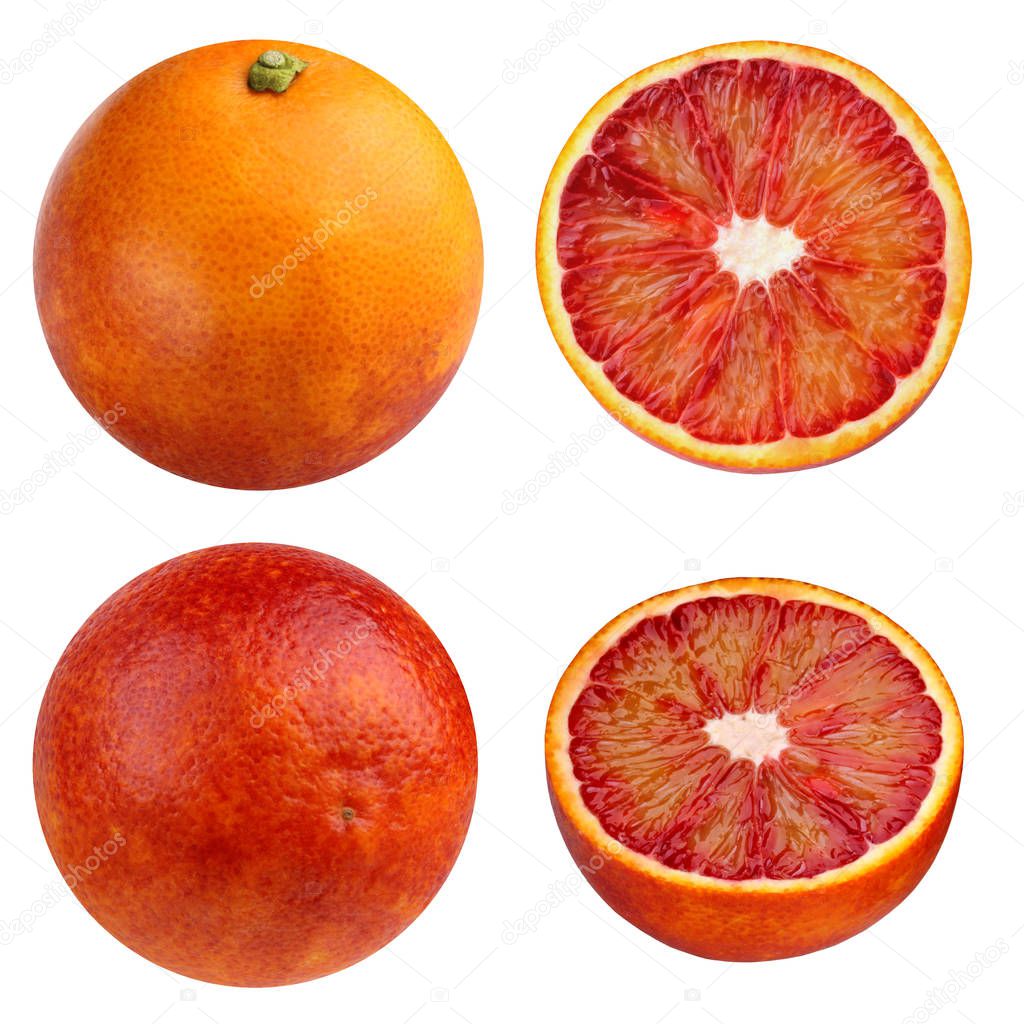 Red blood oranges isolated on white background. collection of ci