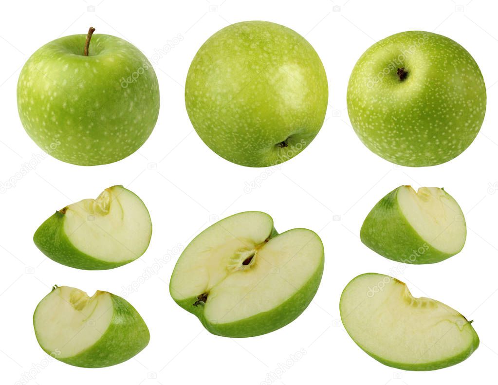 Collection of green apples isolated on a white background.