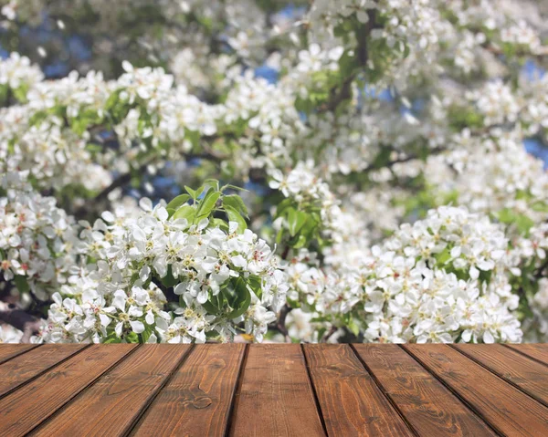봄 배경 의 배경에 빈 나무 테이블 — 스톡 사진