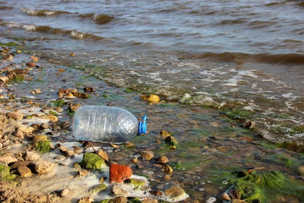 Botella de plástico lanzada al agua. basura, residuos, medio ambiente —  Fotos de Stock