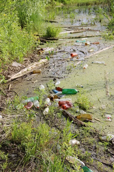 plastic bottles of beer and lemonade thrown into the pond. garba
