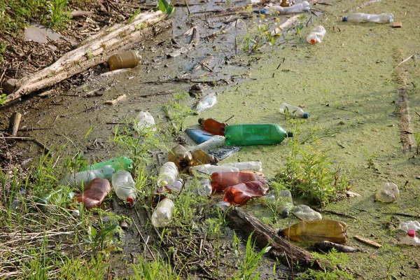 Um monte de garrafas de plástico atiradas para a água. lixo, resíduos , — Fotografia de Stock