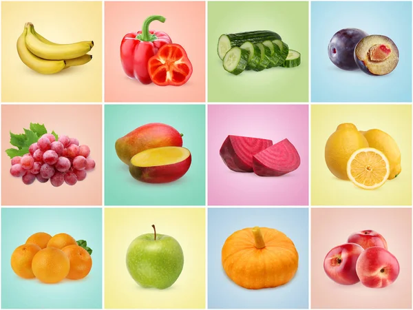 Vegetables and fruits on colorful backgrounds. Set of pictures, — Stock Photo, Image
