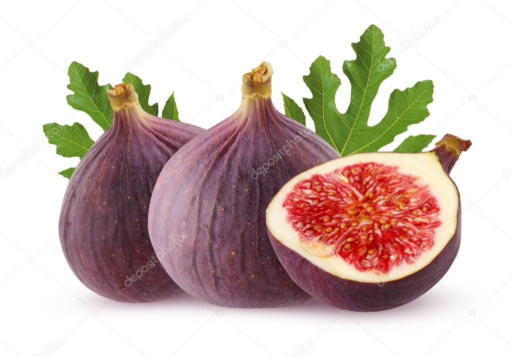 purple figs isolated on white background with leaves.
