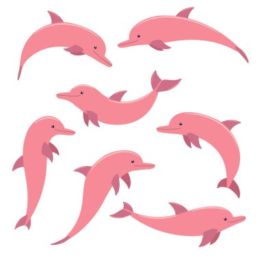 Pembe yunus. Beyaz arkaplanda renkli simge koleksiyonu. 