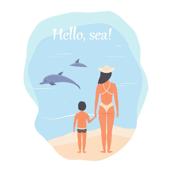 Žena s chlapcem, matkou a synem vidí delfíny v moři. vecto — Stockový vektor