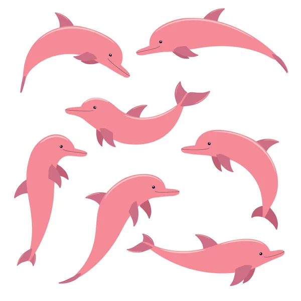 Różowy delfin. zbiór kolorowych ikon na białym tle. — Wektor stockowy
