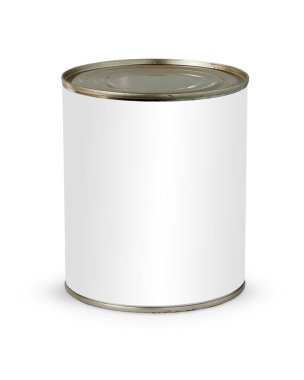 Tasarımınız için boş etiketli teneke kutu, kırpma yolu ile beyaz arkaplanda izole. Model, sahne oluşturucu. 