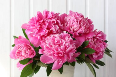 Beyaz arka planda pembe şakayıklar. Bir buket çiçek..