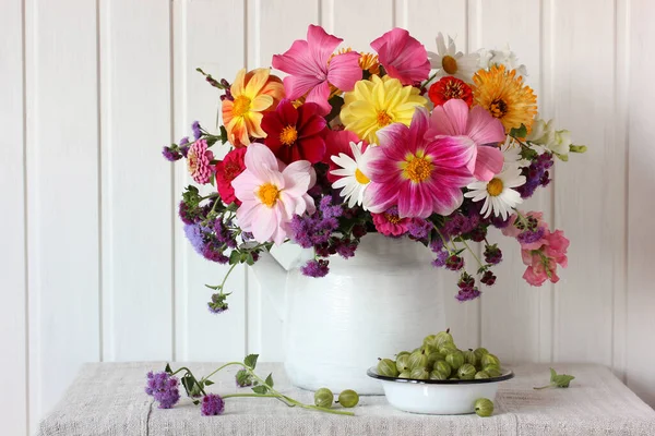 Bouquet Garden Flowers White Teapot Green Gooseberries Light Still Life — Stock Photo, Image