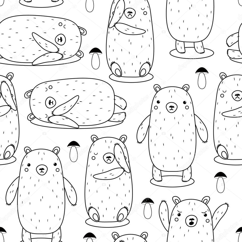 seamless pattern with drawn bears and mushrooms. vector illustration. black outlines on a white background. cute cartoon characters for coloring books.