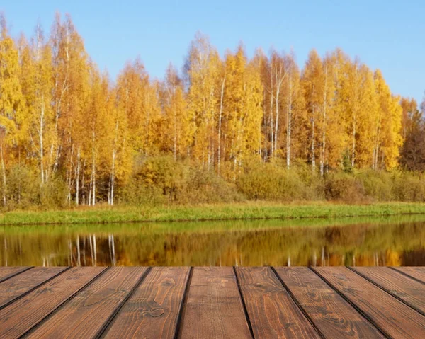 Empty Countertop Autumn Gold Blurred Background Texture Wooden Boards Wooden — Stock Photo, Image